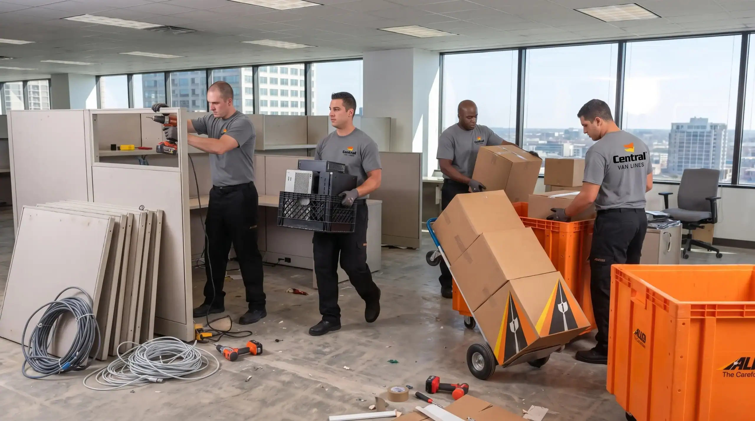 Movers disassembling cubicles and loading boxes and orange crates in a high-rise office