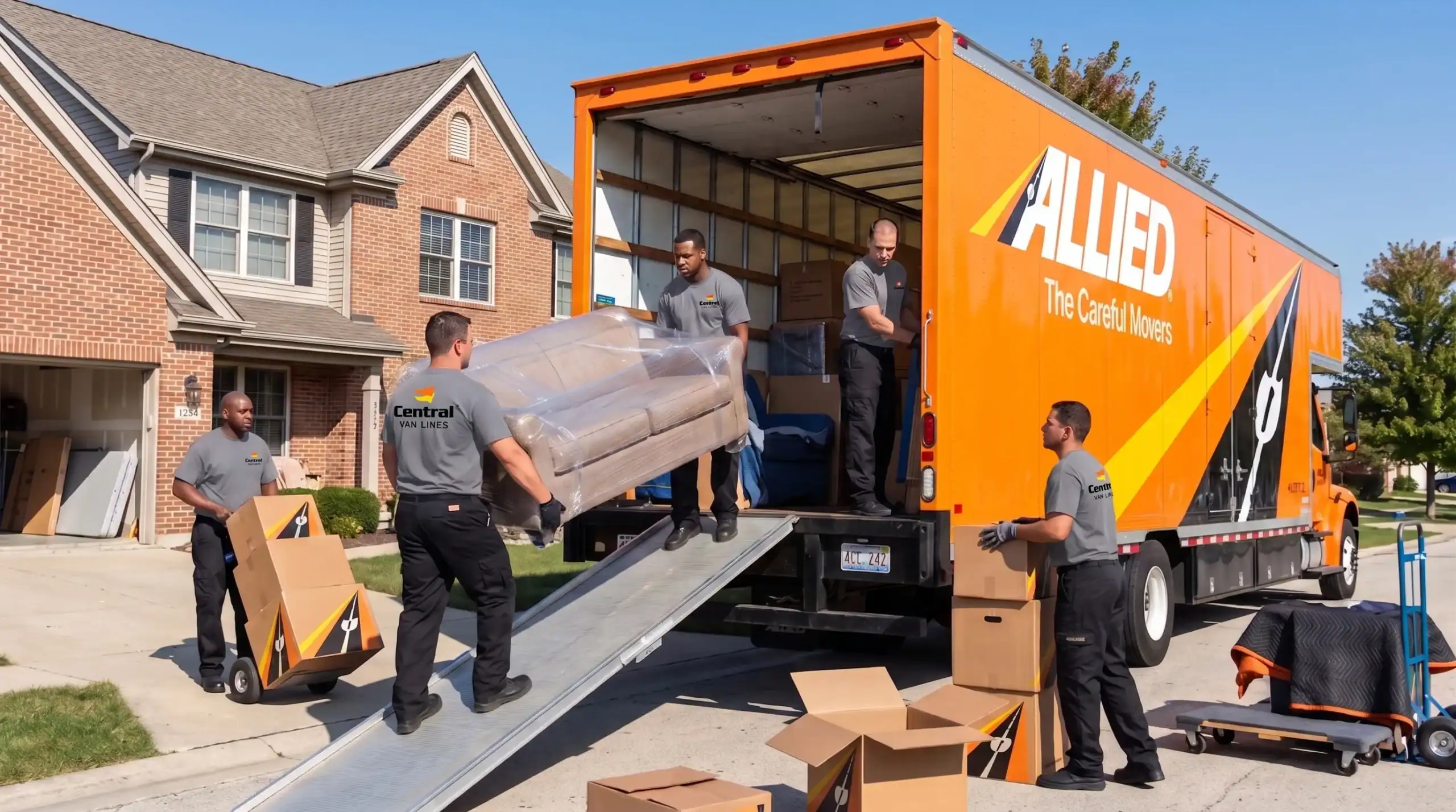 Central Van Lines crew loading a couch onto a moving truck