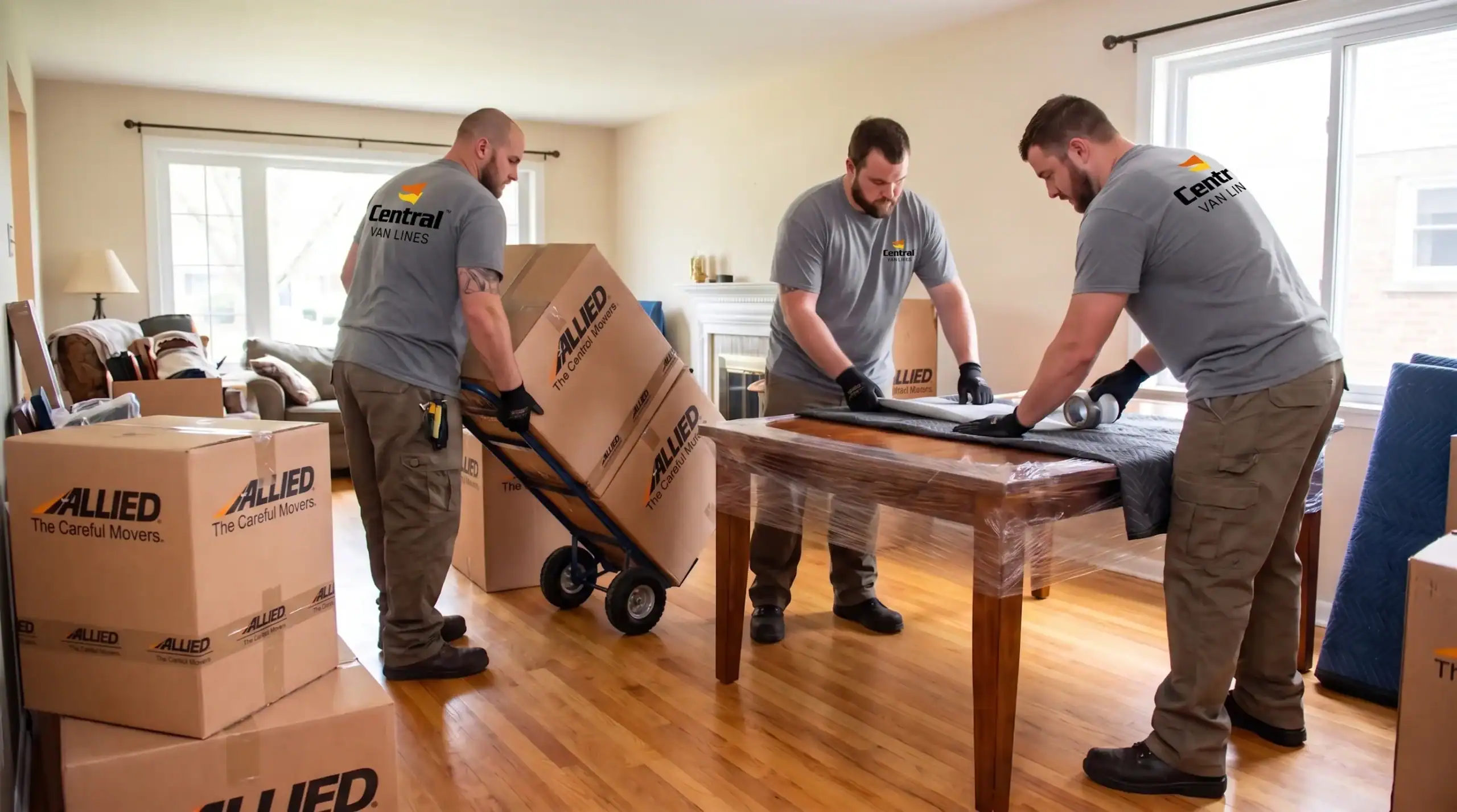 Central Van Lines movers wrapping furniture and loading boxes in a home