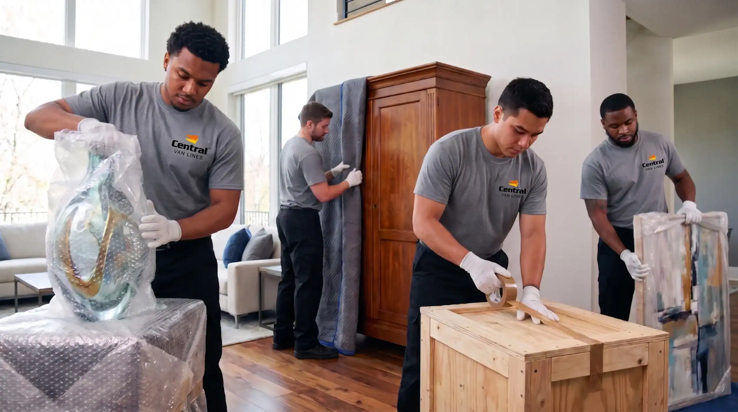Central Van Lines crew crating and wrapping high-value items