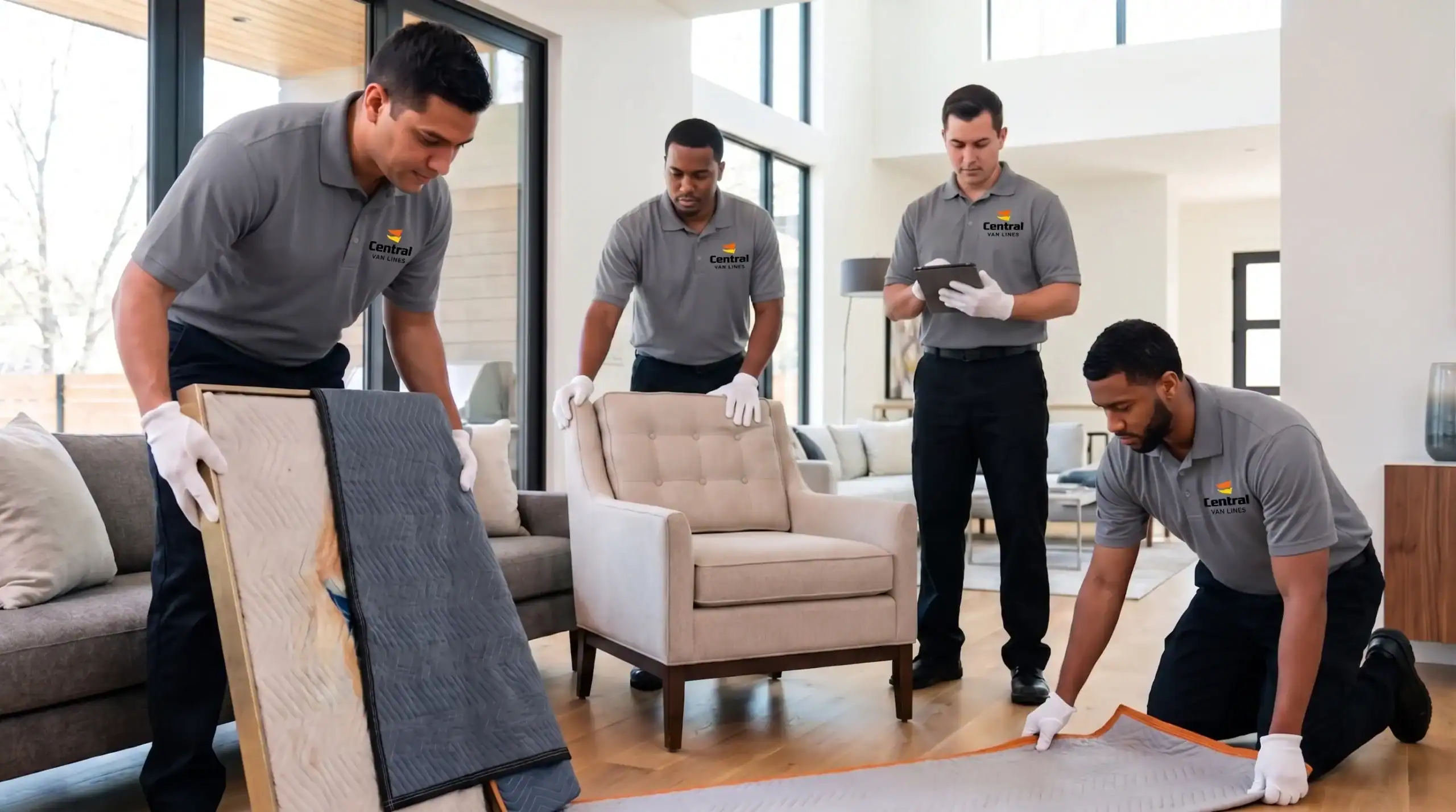 Central Van Lines white glove movers handling furniture with floor protection
