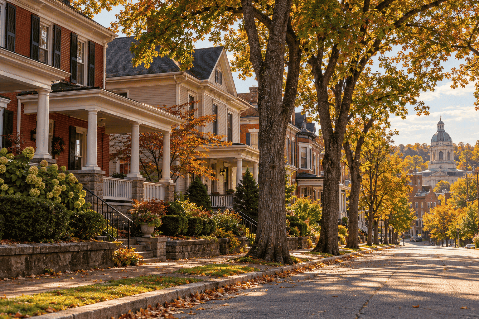 Tree-lined residential street in Greensburg PA with historic homes and the Westmoreland County courthouse in the background during autumn