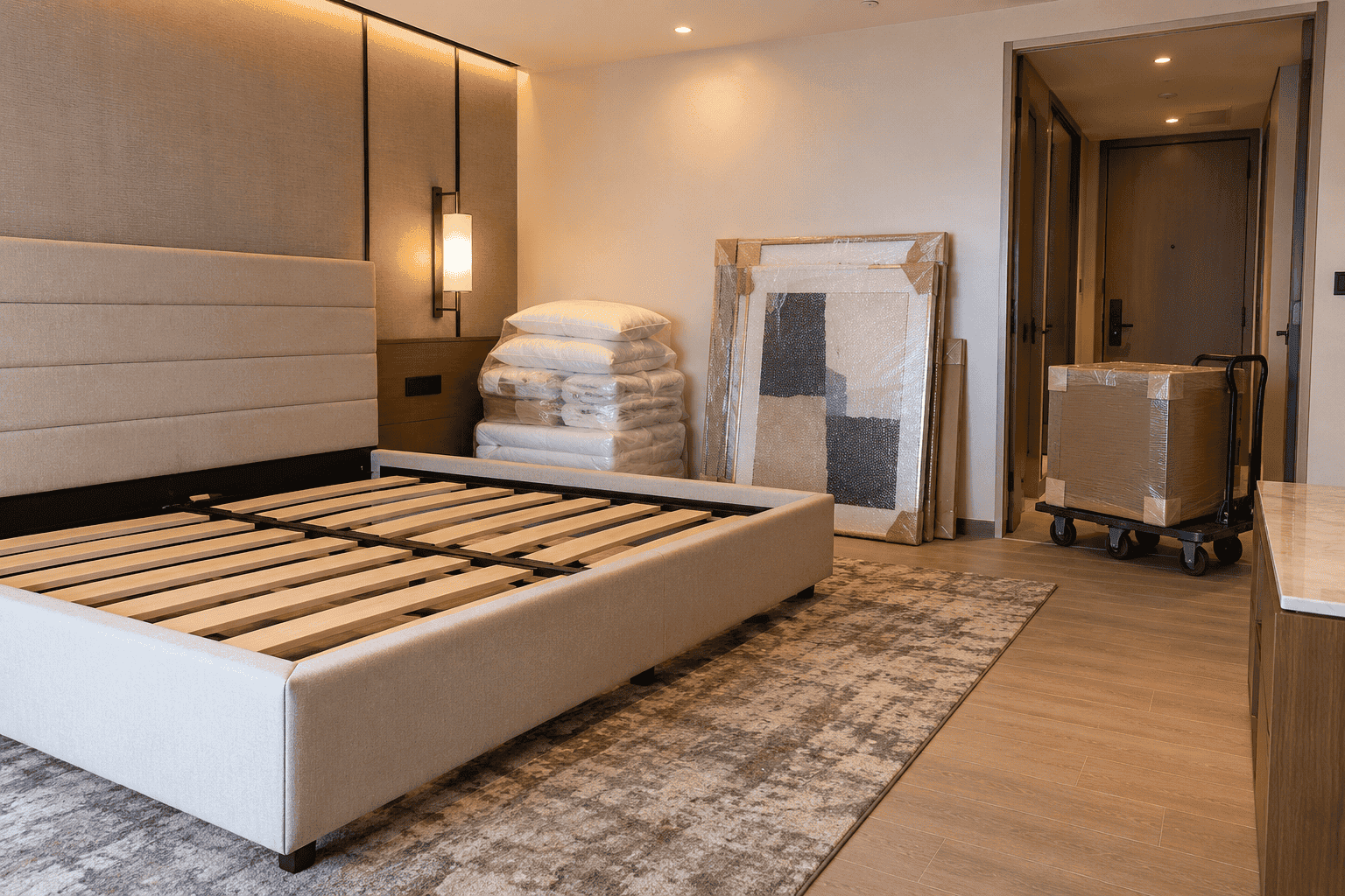 Hotel guest room mid-installation with assembled bed frame, stacked linens, wrapped artwork, and a dolly with boxed furniture in the doorway