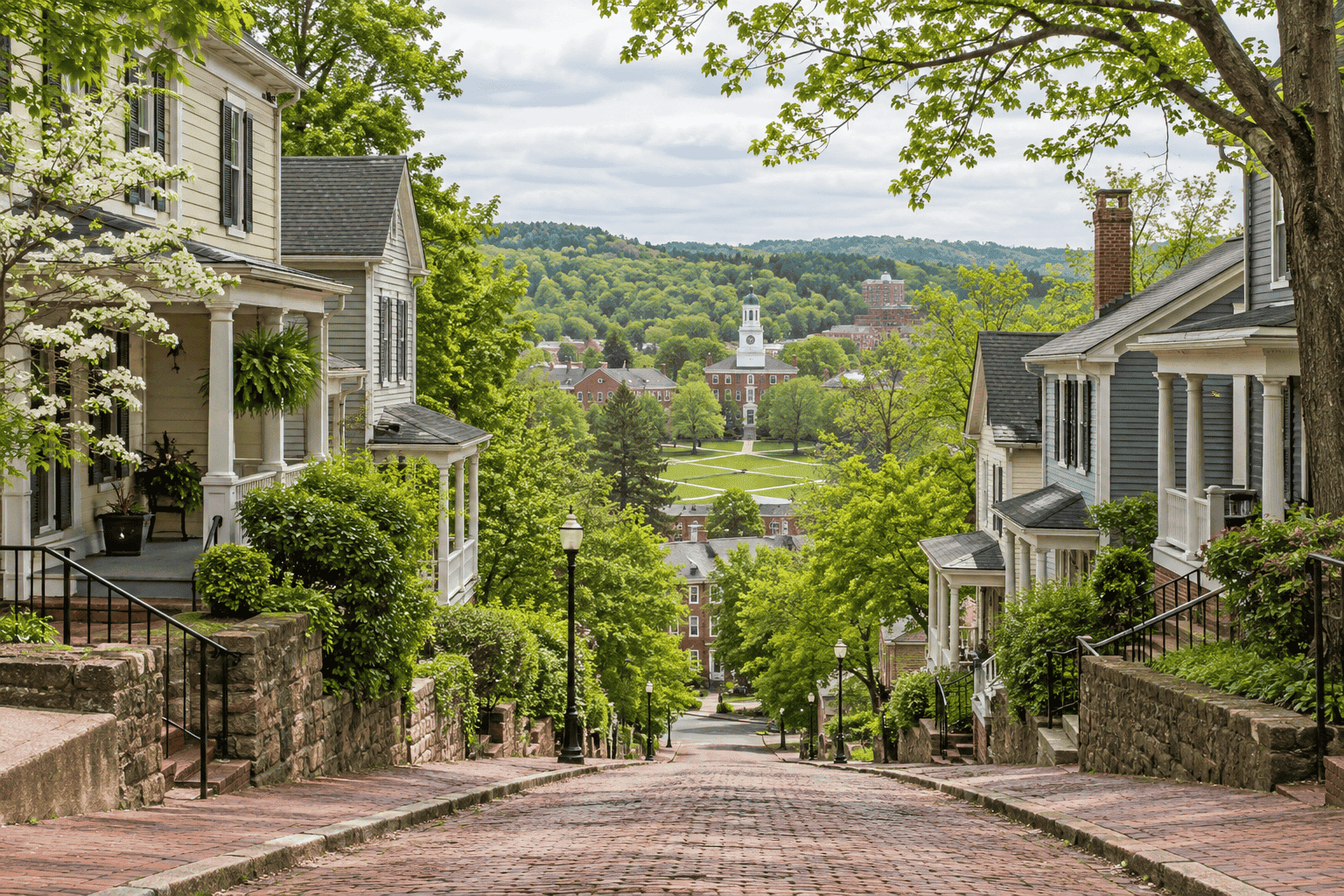 Steep brick-paved street in Athens Ohio lined with clapboard houses, looking downhill toward the Ohio University College Green and campus buildings